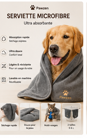 Serviette microfibre Pawzen pour chien et chat